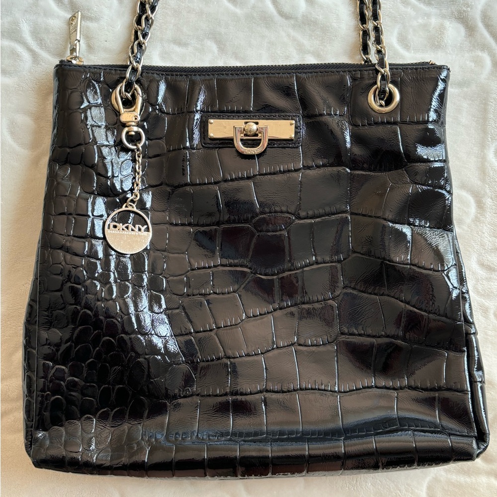 DKNY Convertible Croc Embossed Bag in Black Patent